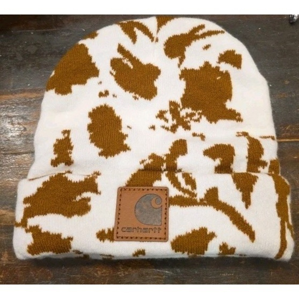 Carhartt Cow Print Beanie, Brown And White Toboggan Knit Hat
